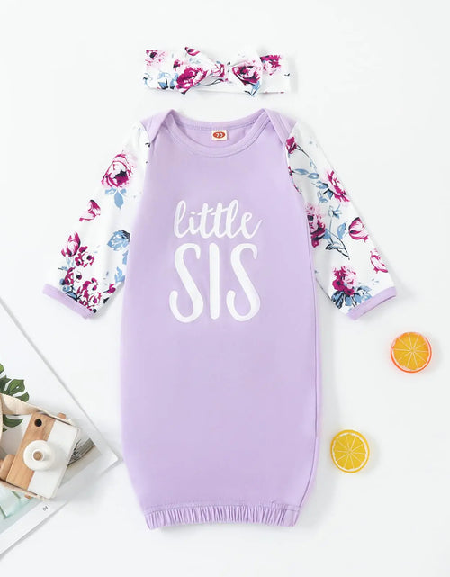 Load image into Gallery viewer, AMAWMW Newborn Baby Girl Little Sister Sleeper Gown Stripe Long Sleeve Nightgown Pajamas Gifts Stuff Essential Outfit A Purple Flower Sleeve 0-6 Months
