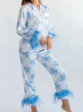 Load image into Gallery viewer, Christmas Satin Printed Long Sleeve Pants Pajamas Suit
