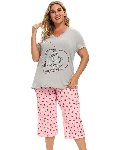 Load image into Gallery viewer, Vozanet Women&#39;s Pajamas Set Soft V Neck Sleepwear Top and Capri Pj Lounge Sets Cartoon Heart Shape Cat Nighty Plus Size 3X-Large Love Cat
