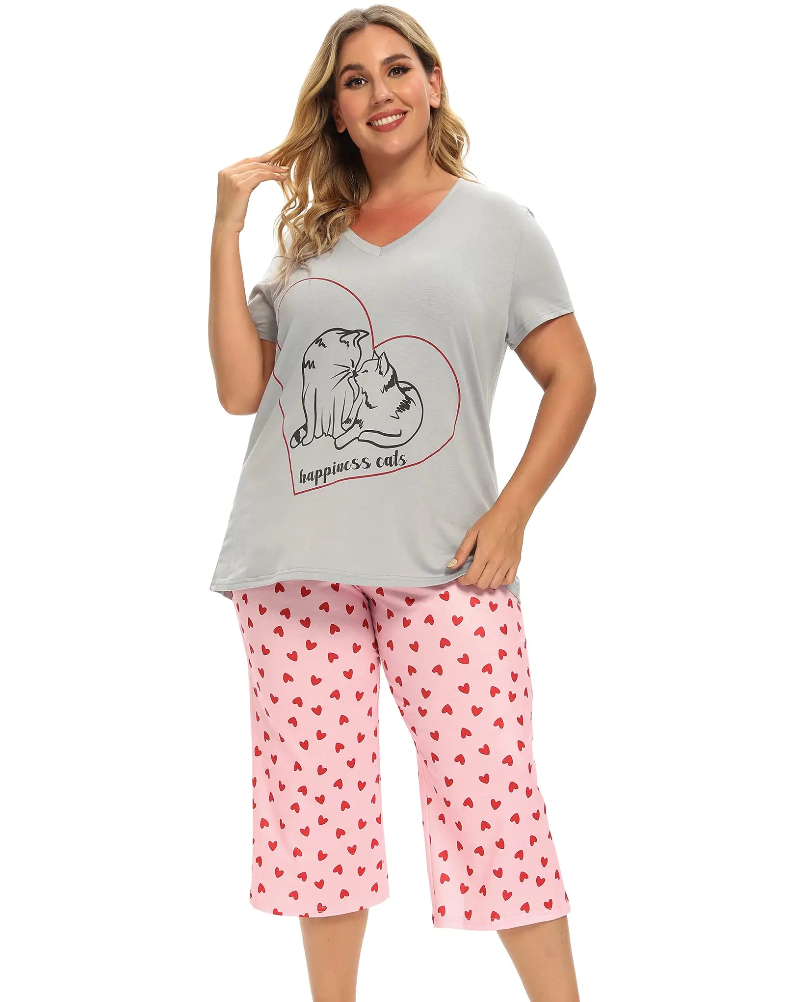 Vozanet Women's Pajamas Set Soft V Neck Sleepwear Top and Capri Pj Lounge Sets Cartoon Heart Shape Cat Nighty Plus Size 3X-Large Love Cat