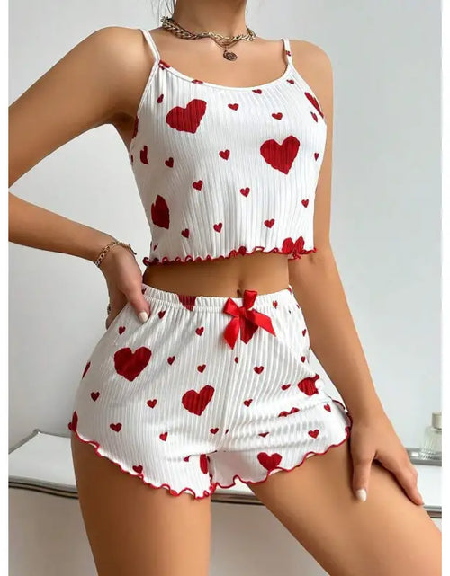 Load image into Gallery viewer, Heart Printing Suspender Shorts Casual Sunken Stripe Outerwear European And American Style Women Pajamas
