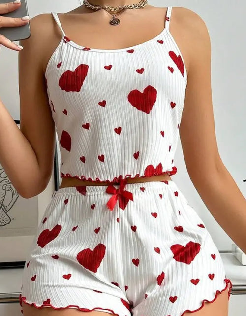 Load image into Gallery viewer, Heart Printing Suspender Shorts Casual Sunken Stripe Outerwear European And American Style Women Pajamas
