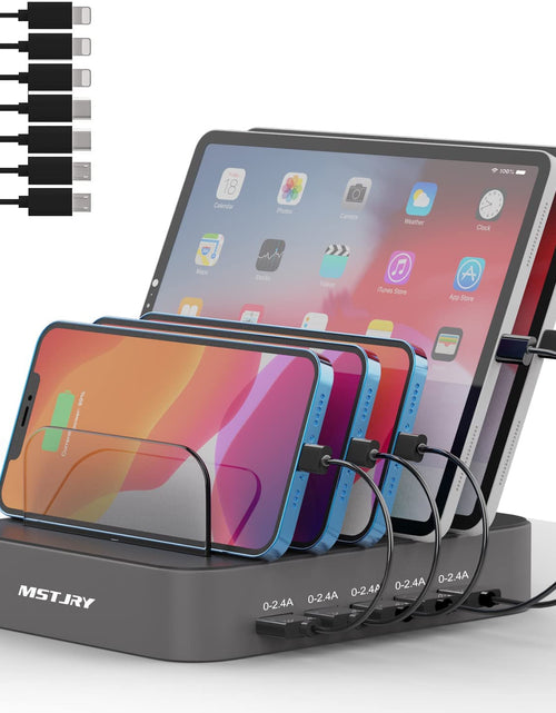 Load image into Gallery viewer, Charging Station for Multiple Devices,  5 Port Multi USB Charger Station with Power Switch Designed for Iphone Ipad Cell Phone Tablets (Gray, 7 Mixed Short Cables Included)
