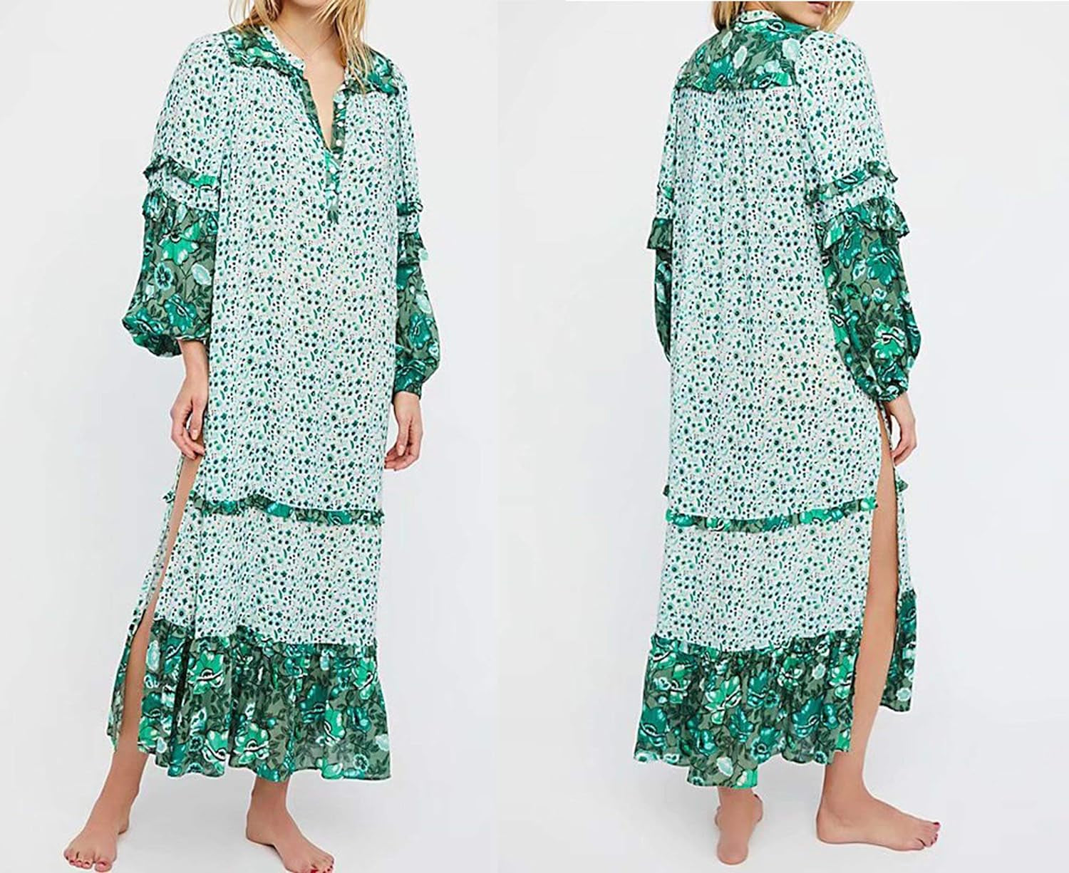 Women'S Long Sleeve Floral Print Bohemian Maxi Dresses with Slit