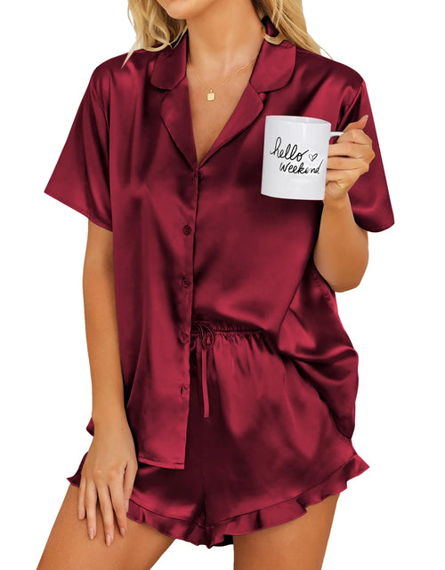 Load image into Gallery viewer, Ekouaer Womens Satin Pajamas Set Button Down 2 Piece Silk Pjs Shorts Set Ruffle Lingerie Notch Collar Sleepwear Wind Red Medium
