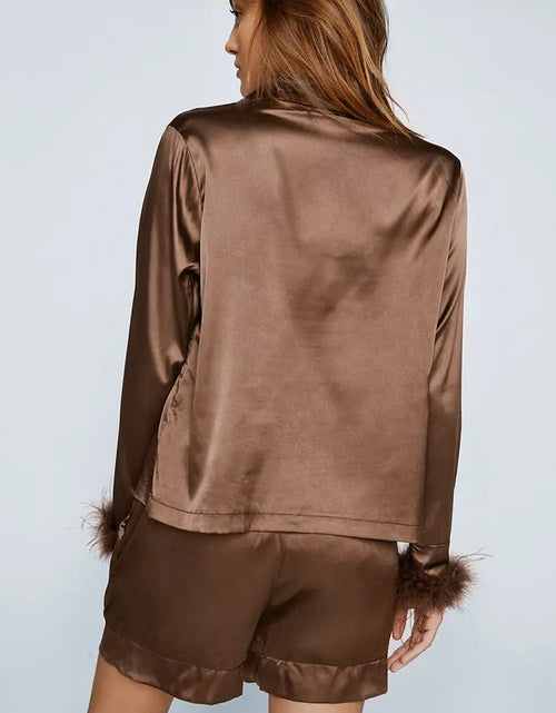 Load image into Gallery viewer, Linad Feathers Pajamas For Women 2 Piece Sets Brown Long Sleeve
