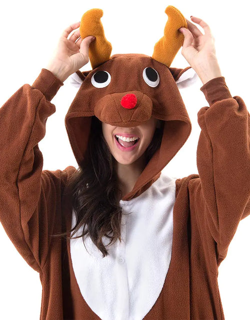 Load image into Gallery viewer, Beauty Shine Unisex Adult Onesie One Piece Pajamas Cosplay Cartoon Costume Halloween Christmas Sleepwear Jumpsuit Homewear Large Coffee Reindeer
