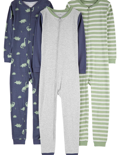 Load image into Gallery viewer, Simple Joys by Carter&#39;s Baby Boys&#39; 3-Pack Snug Fit Footless Cotton Pajamas 5 Grey Heather/Olive Dinosaur/Stripe
