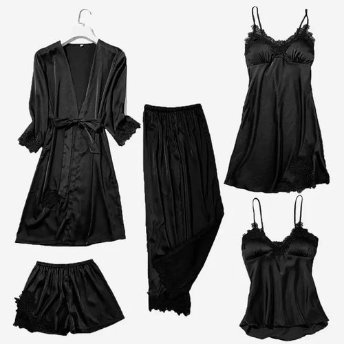 Load image into Gallery viewer, Satin Lace 5 Pieces Pajamas Set
