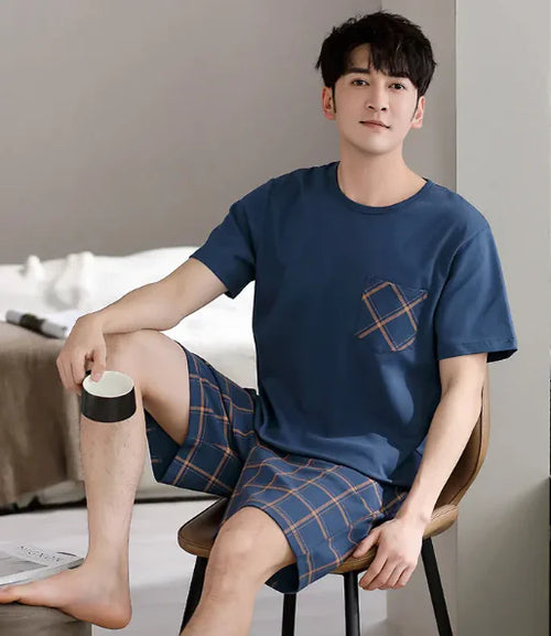 Load image into Gallery viewer, Pajamas Men&#39;s Summer Cotton Short Sleeve Shorts Suit
