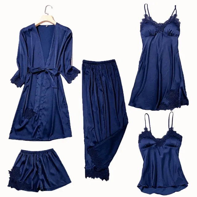 Satin Lace 5 Pieces Pajamas Set