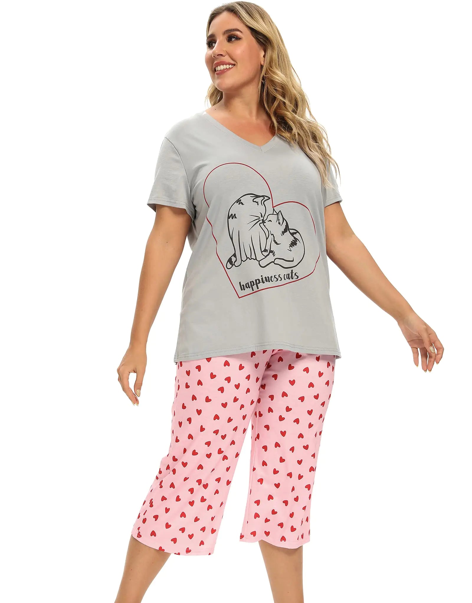 Vozanet Women's Pajamas Set Soft V Neck Sleepwear Top and Capri Pj Lounge Sets Cartoon Heart Shape Cat Nighty Plus Size 3X-Large Love Cat