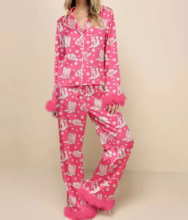 Load image into Gallery viewer, Christmas Satin Printed Long Sleeve Pants Pajamas Suit
