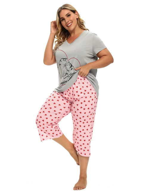 Load image into Gallery viewer, Vozanet Women&#39;s Pajamas Set Soft V Neck Sleepwear Top and Capri Pj Lounge Sets Cartoon Heart Shape Cat Nighty Plus Size 3X-Large Love Cat
