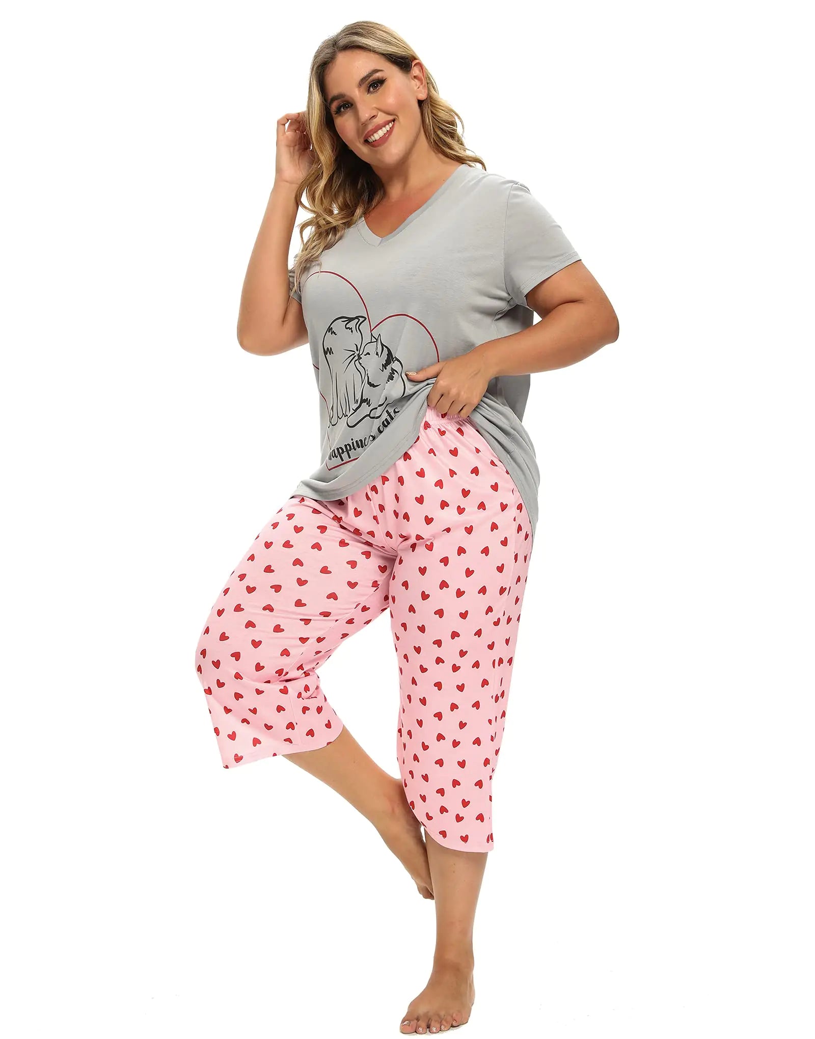 Vozanet Women's Pajamas Set Soft V Neck Sleepwear Top and Capri Pj Lounge Sets Cartoon Heart Shape Cat Nighty Plus Size 3X-Large Love Cat