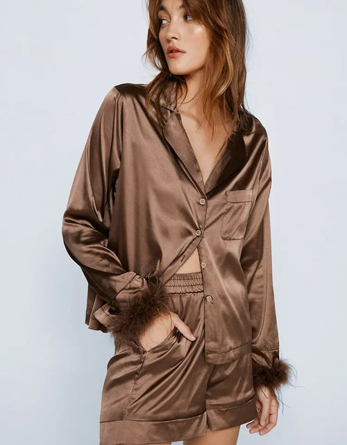 Load image into Gallery viewer, Linad Feathers Pajamas For Women 2 Piece Sets Brown Long Sleeve
