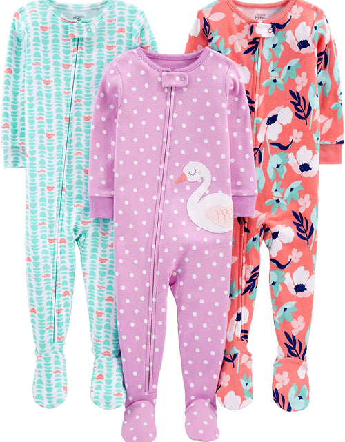 Load image into Gallery viewer, Simple Joys by Carter&#39;s Girls&#39; 3-Pack Snug Fit Footed Cotton Pajamas 6-9 Months Light Purple Swan/Mint Green Turtle/Orange Floral
