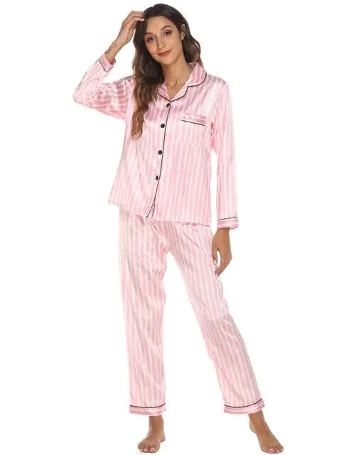 Load image into Gallery viewer, Two Piece Set Pajamas for Women Striped Satin Silk Sleepwear
