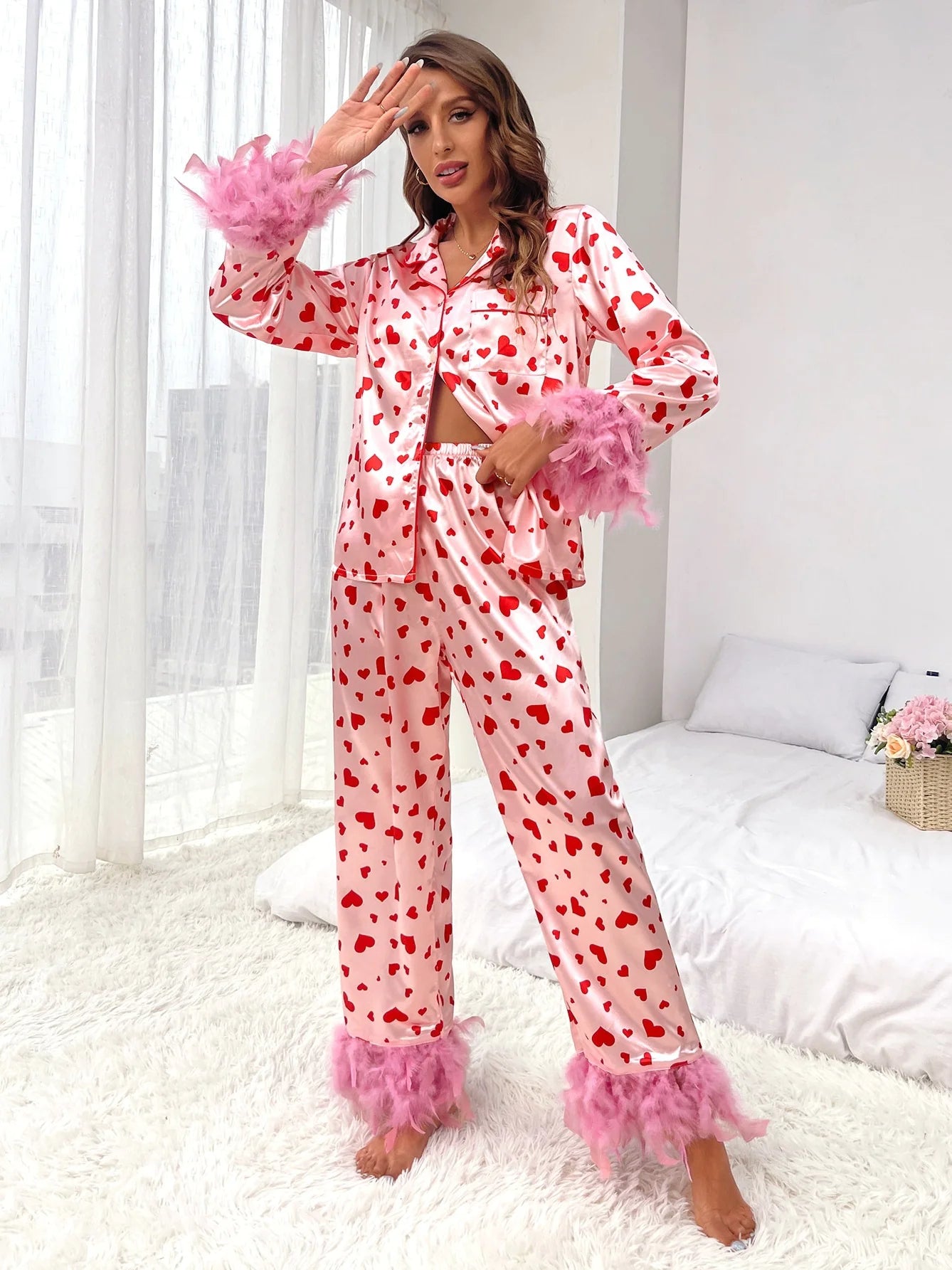 Women Loving Heart Printed Casual Suit Pajamas