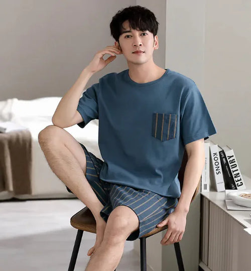 Load image into Gallery viewer, Pajamas Men&#39;s Summer Cotton Short Sleeve Shorts Suit
