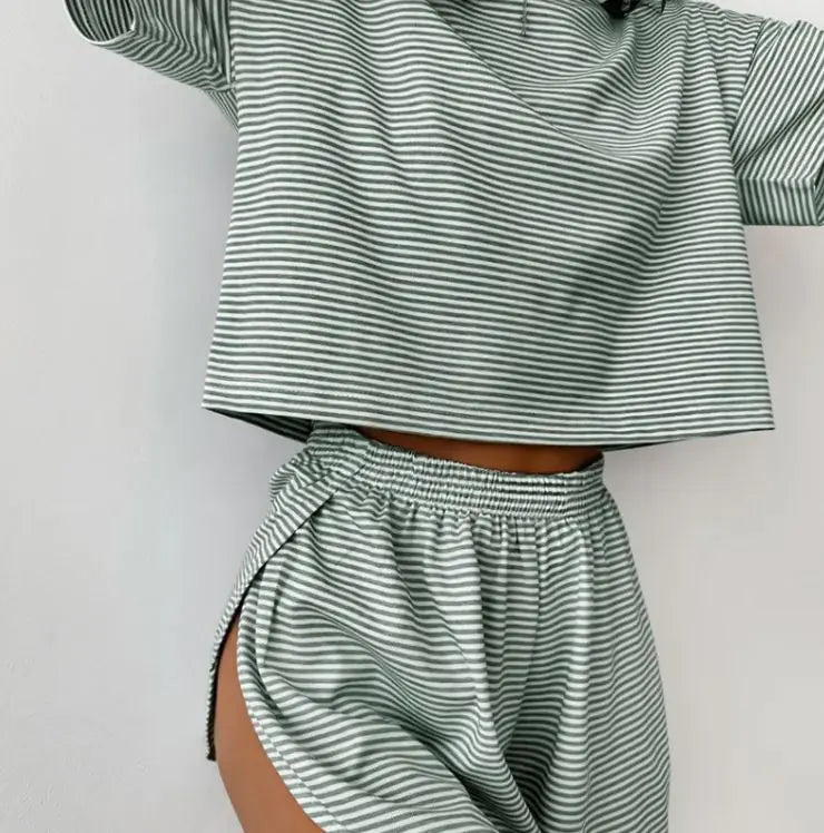 Knitted Striped Pajamas Short-sleeved Shorts Suit