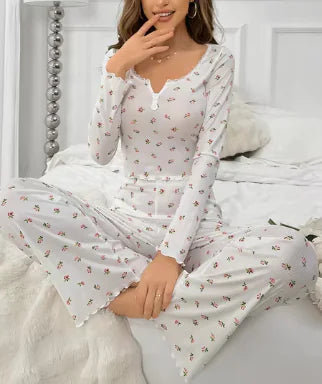 Load image into Gallery viewer, Floral Print Lettuce Edge Lace Collar Button Pajamas
