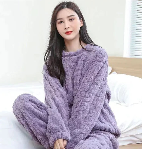 Load image into Gallery viewer, Pure Color Jacquard Cotton Velvet Warm Suit Pajamas
