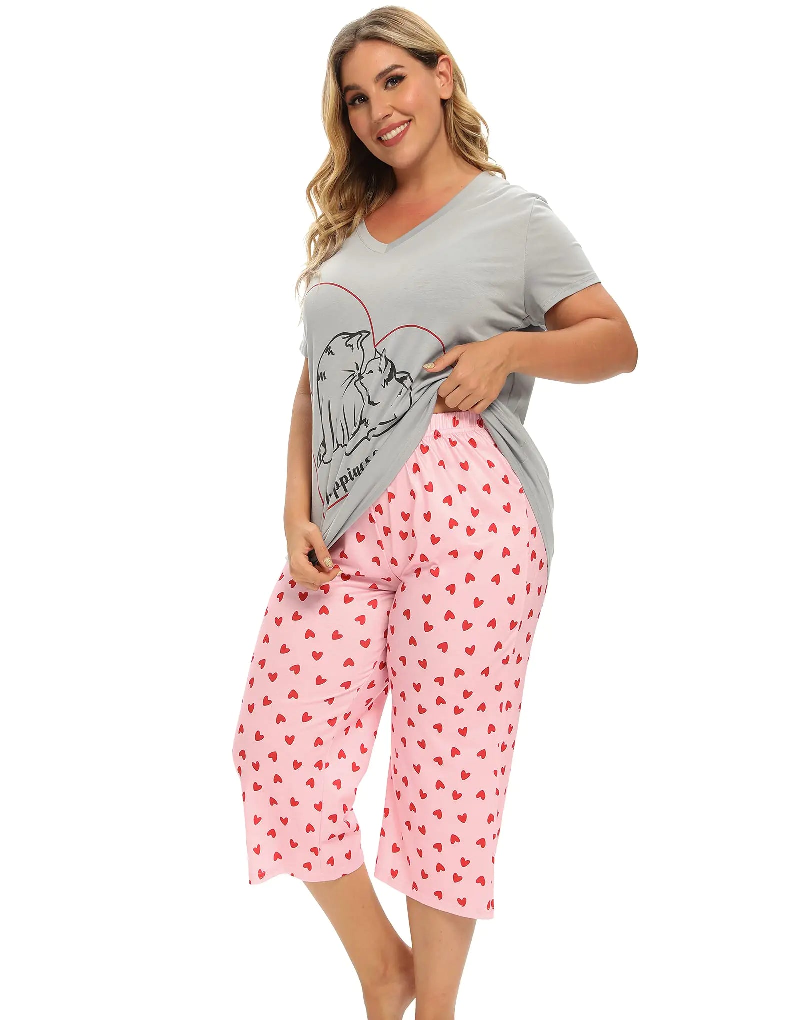 Vozanet Women's Pajamas Set Soft V Neck Sleepwear Top and Capri Pj Lounge Sets Cartoon Heart Shape Cat Nighty Plus Size 3X-Large Love Cat