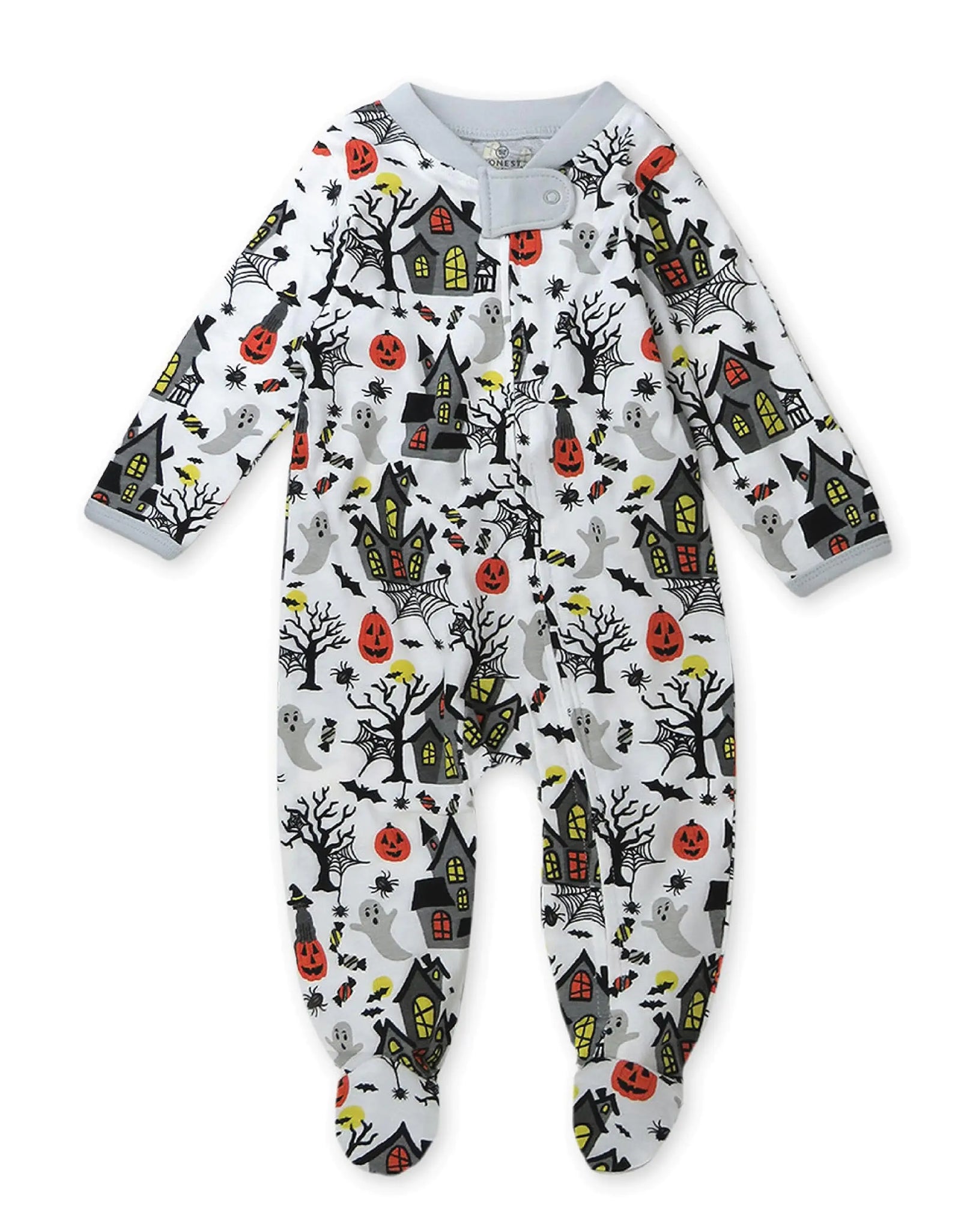 HonestBaby Sleep and Play Footed Pajamas One-Piece Sleeper Jumpsuit Zip-Front PJs Organic Cotton for Baby Boys, Unisex 1 Haunted House 0-3 Months