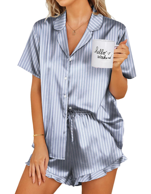 Load image into Gallery viewer, Ekouaer Womens Satin Pajamas Set Button Down 2 Piece Silk Pjs Shorts Set Ruffle Lingerie Notch Collar Sleepwear S-XXL XX-Large Striped Grey Blue
