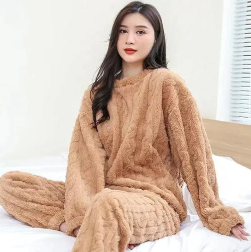 Load image into Gallery viewer, Pure Color Jacquard Cotton Velvet Warm Suit Pajamas
