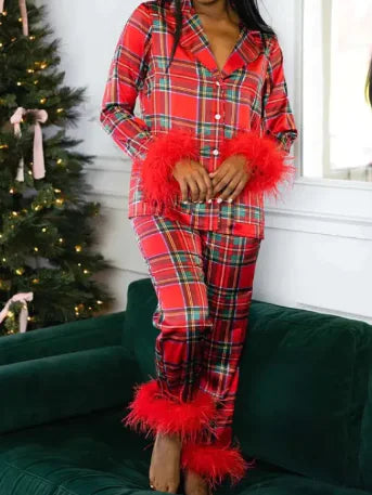 Christmas Satin Printed Long Sleeve Pants Pajamas Suit