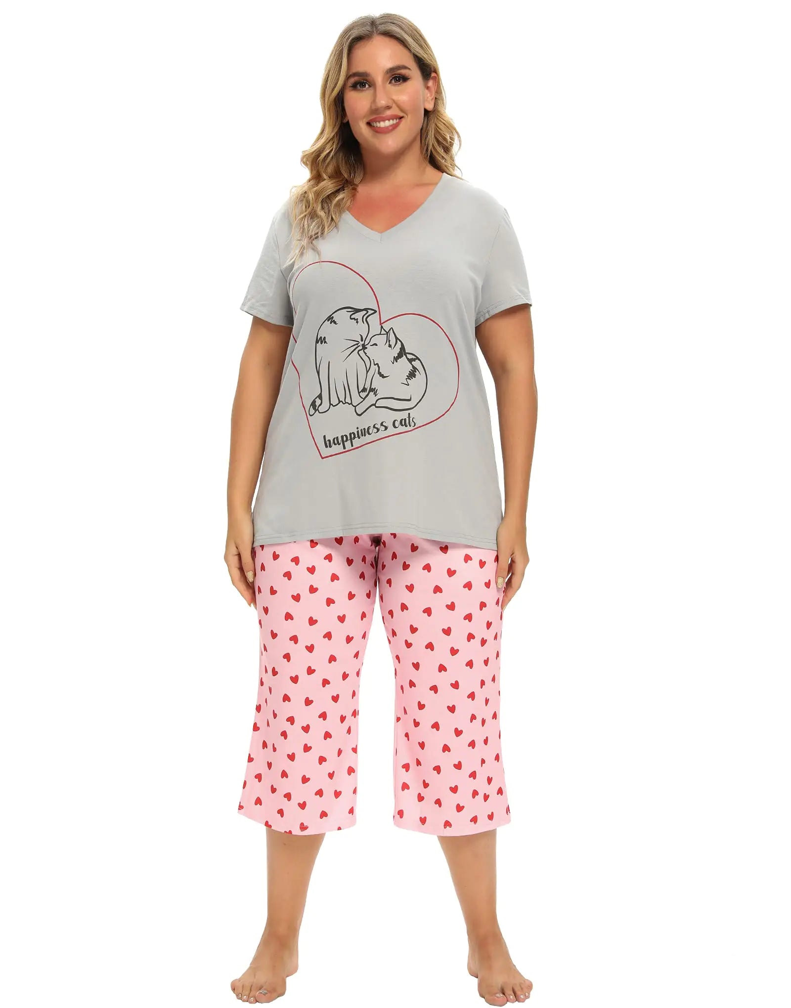 Vozanet Women's Pajamas Set Soft V Neck Sleepwear Top and Capri Pj Lounge Sets Cartoon Heart Shape Cat Nighty Plus Size 3X-Large Love Cat