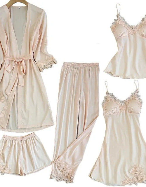 Load image into Gallery viewer, Satin Lace 5 Pieces Pajamas Set
