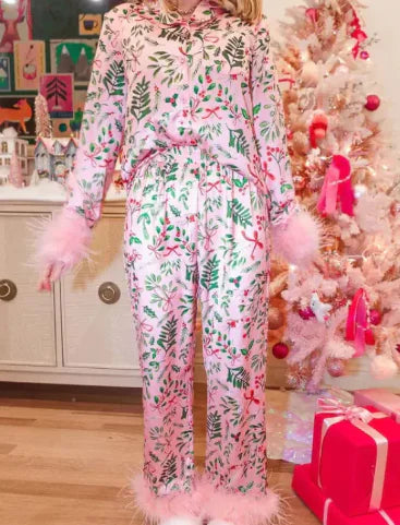 Load image into Gallery viewer, Christmas Satin Printed Long Sleeve Pants Pajamas Suit
