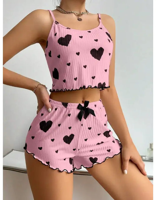 Load image into Gallery viewer, Heart Printing Suspender Shorts Casual Sunken Stripe Outerwear European And American Style Women Pajamas
