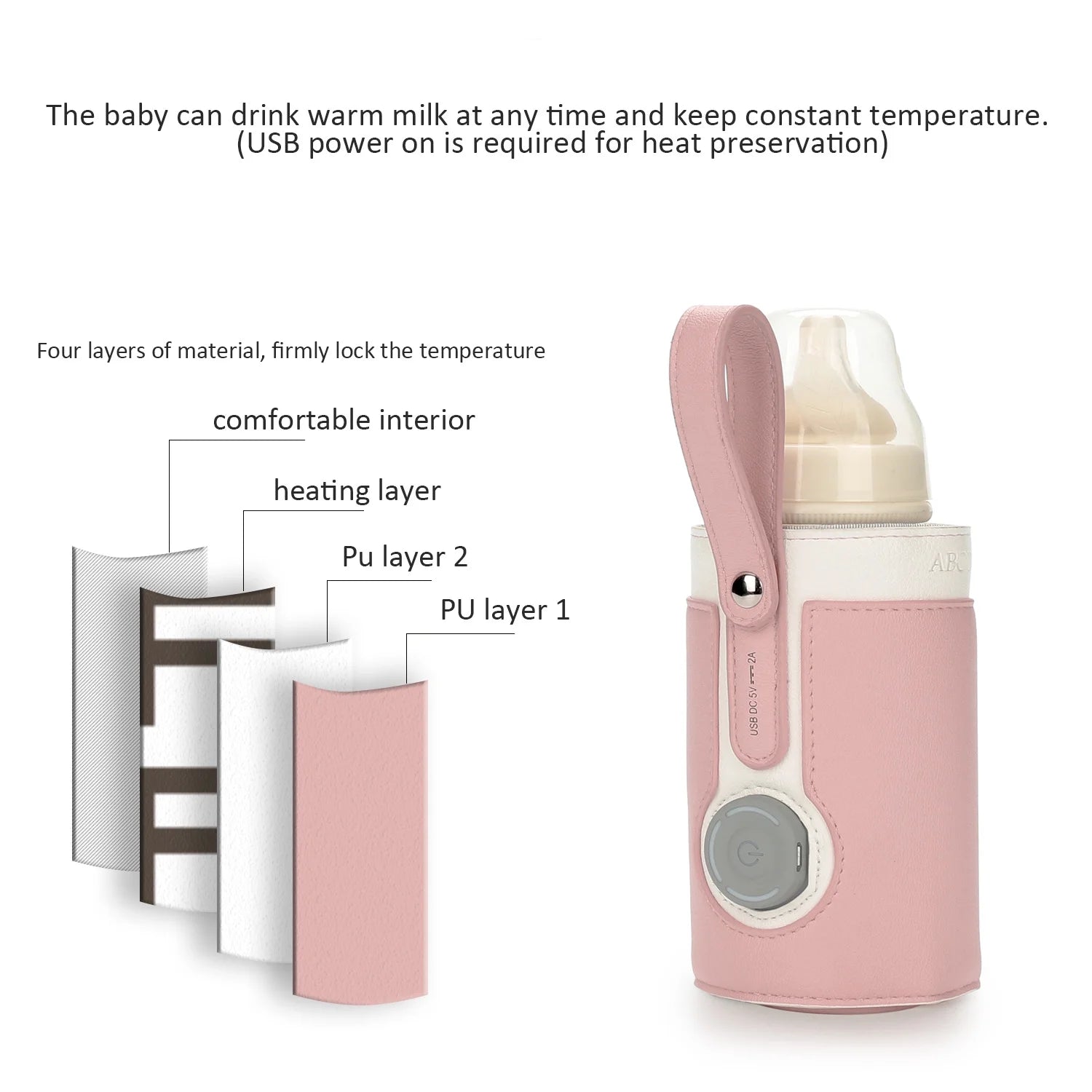 Portable Bottle Warmer,  Intelligent Bottle Warmer, Fast Charge, 3-Speed Temperature Regulation, Pink