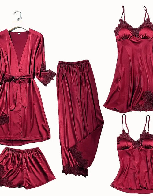 Load image into Gallery viewer, Satin Lace 5 Pieces Pajamas Set
