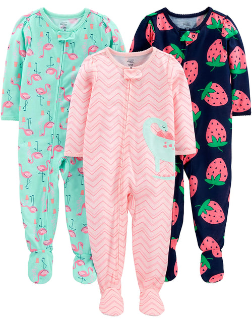 Load image into Gallery viewer, Simple Joys by Carter&#39;s Toddlers and Baby Girls&#39; Loose-Fit Polyester Jersey Footed Pajamas, Pack of 3 6-9 Months Dinosaur/Flamingo/Strawberry Print
