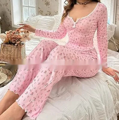 Floral Print Lettuce Edge Lace Collar Button Pajamas