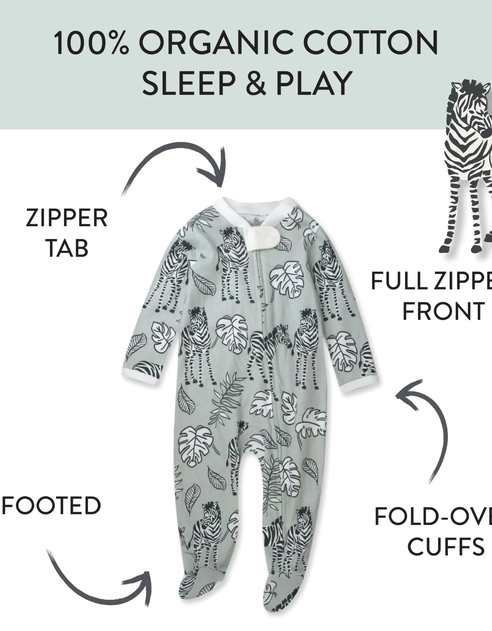 HonestBaby Baby Girls' Sleep and Play Footed Pajamas One-Piece Sleeper Jumpsuit Zip-Front Cotton Pjs 1 Baby Zebra Camo 0-3 Months