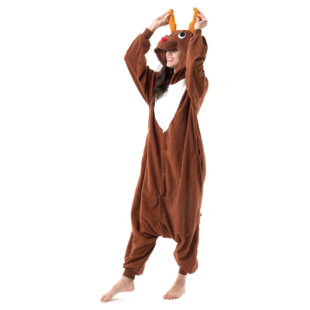 Beauty Shine Unisex Adult Onesie One Piece Pajamas Cosplay Cartoon Costume Halloween Christmas Sleepwear Jumpsuit Homewear Large Coffee Reindeer