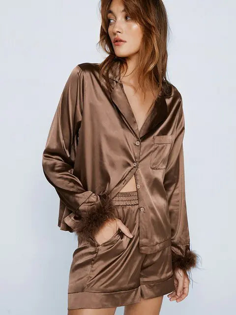 Load image into Gallery viewer, Linad Feathers Pajamas For Women 2 Piece Sets Brown Long Sleeve
