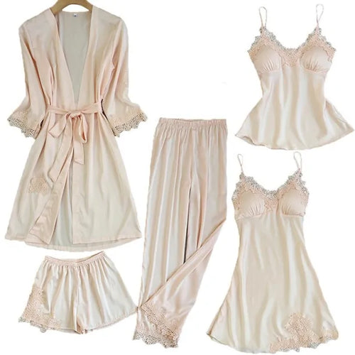 Load image into Gallery viewer, Satin Lace 5 Pieces Pajamas Set
