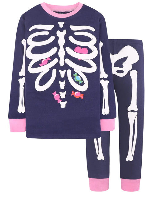 Load image into Gallery viewer, DAUGHTER QUEEN Kids Halloween Pajamas Size 18Months-12Years 2T Skeleton/Navy Blue/Pink-a22
