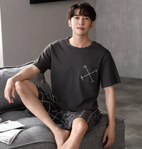 Load image into Gallery viewer, Pajamas Men&#39;s Summer Cotton Short Sleeve Shorts Suit
