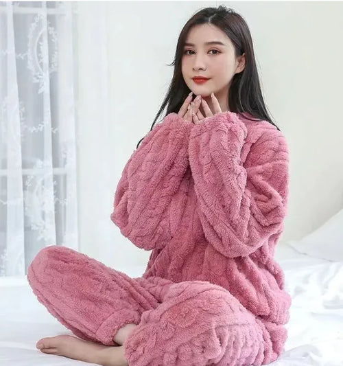 Load image into Gallery viewer, Pure Color Jacquard Cotton Velvet Warm Suit Pajamas
