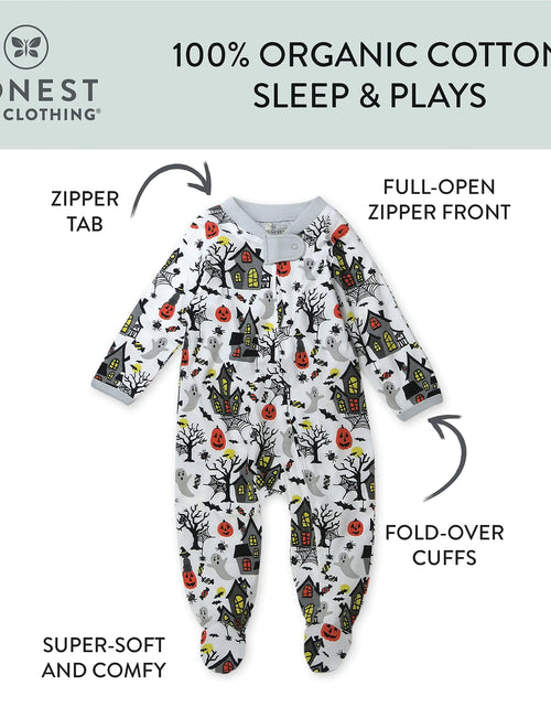 Load image into Gallery viewer, HonestBaby Sleep and Play Footed Pajamas One-Piece Sleeper Jumpsuit Zip-Front PJs Organic Cotton for Baby Boys, Unisex 1 Haunted House 0-3 Months
