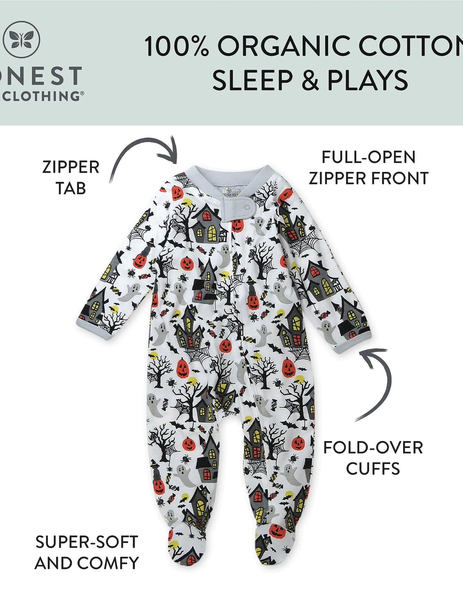 HonestBaby Sleep and Play Footed Pajamas One-Piece Sleeper Jumpsuit Zip-Front PJs Organic Cotton for Baby Boys, Unisex 1 Haunted House 0-3 Months