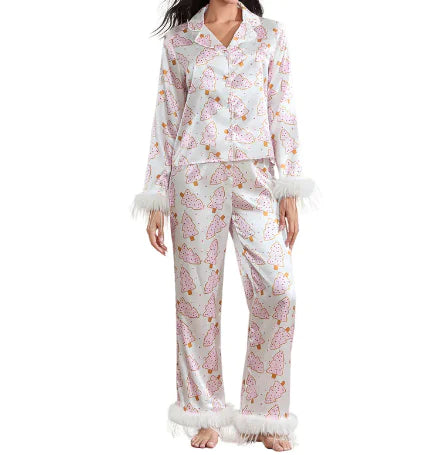 Christmas Satin Printed Long Sleeve Pants Pajamas Suit